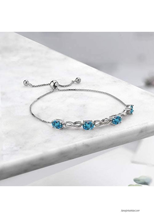 Gem Stone King 925 Sterling Silver London Blue Topaz and White Lab Grown Diamond Adjustable Women Tennis Bracelet (4.02 Cttw 7X5MM Oval Gemstone Adjustable up to 9 Inches)