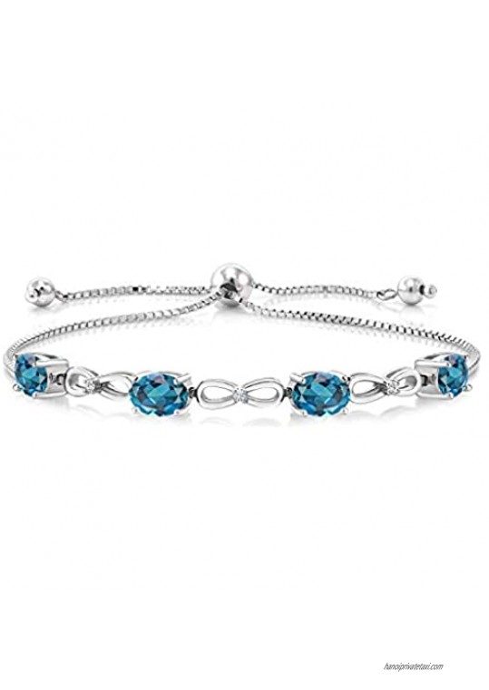 Gem Stone King 925 Sterling Silver London Blue Topaz and White Lab Grown Diamond Adjustable Women Tennis Bracelet (4.02 Cttw  7X5MM Oval Gemstone  Adjustable up to 9 Inches)