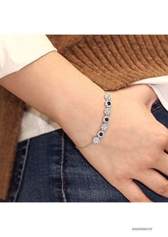 Gem Stone King 925 Sterling Silver Sky Blue Aquamarine and Blue Sapphire Tennis Bracelet For Women (1.43 Ct Round Gemstone Birthstone 7 Inch with 2 Inch Extender