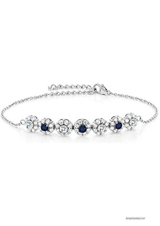 Gem Stone King 925 Sterling Silver Sky Blue Aquamarine and Blue Sapphire Tennis Bracelet For Women (1.43 Ct Round  Gemstone Birthstone  7 Inch with 2 Inch Extender