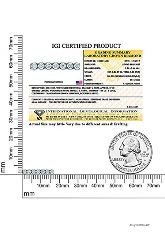 IGI Certified Lab Grown Diamond Bracelet 14K White Gold 1/4 carat -1 Ct Lab Created Diamond Half Eternity Bracelet For Women (1/4 CTTW-1 Carat GH Color SI1- Clarity)