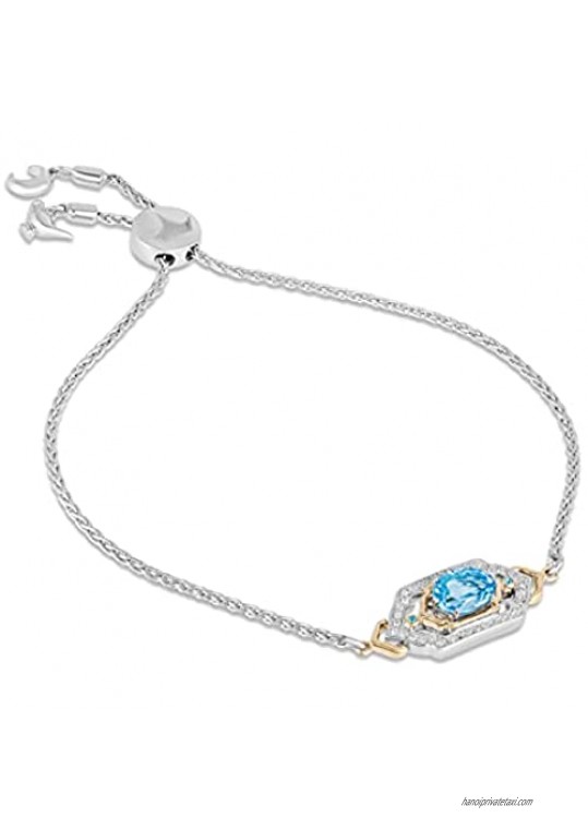 Jewelili Enchanted Disney Fine Jewelry Sterling Silver and 10K Yellow Gold 1/4 CTTW and Swiss Blue Topaz Jasmine Bracelet