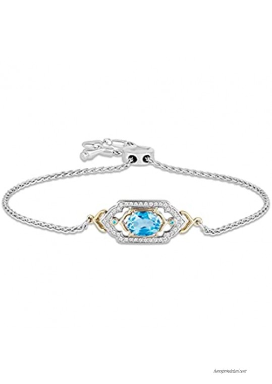Jewelili Enchanted Disney Fine Jewelry Sterling Silver and 10K Yellow Gold 1/4 CTTW and Swiss Blue Topaz Jasmine Bracelet