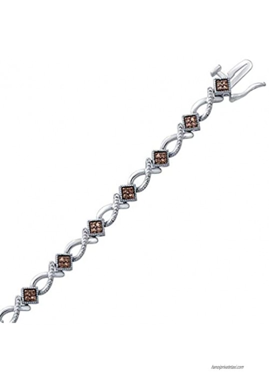Jewelili Sterling Silver 1/4 Cttw Natural Champagne Round Diamond Link Bracelet 7.25
