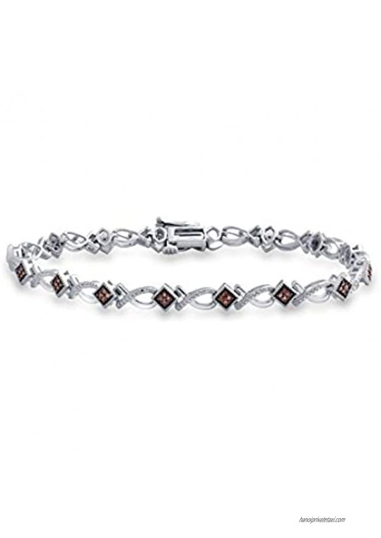 Jewelili Sterling Silver 1/4 Cttw Natural Champagne Round Diamond Link Bracelet  7.25"
