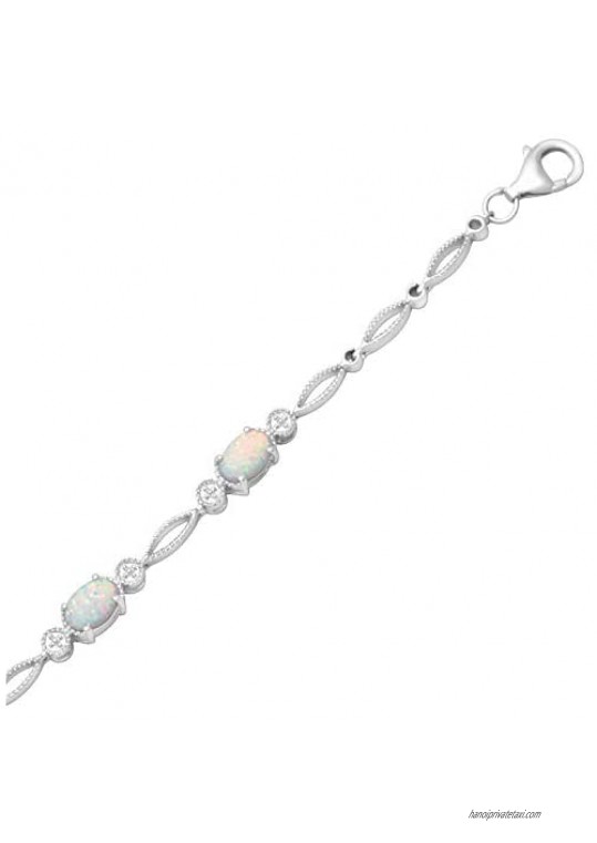 Jewelili Sterling Silver 7x5 MM Oval Shape Created Opal Milgrain Tennis Bracelet 7.50