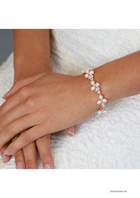 Mariell CZ Freshwater Pearl Bridal Wedding Bracelet for Women Rose Gold Plated 7 1/8 Plus 1/2 Extender