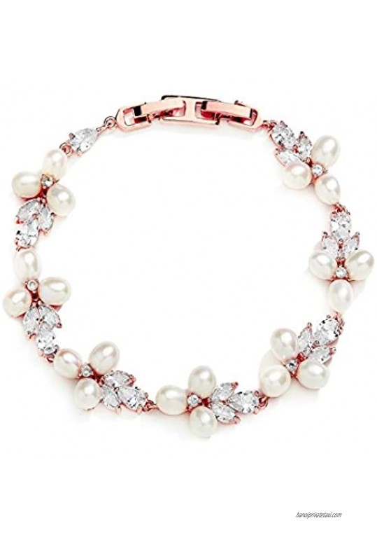 Mariell CZ Freshwater Pearl Bridal Wedding Bracelet for Women  Rose Gold Plated 7 1/8" Plus 1/2" Extender
