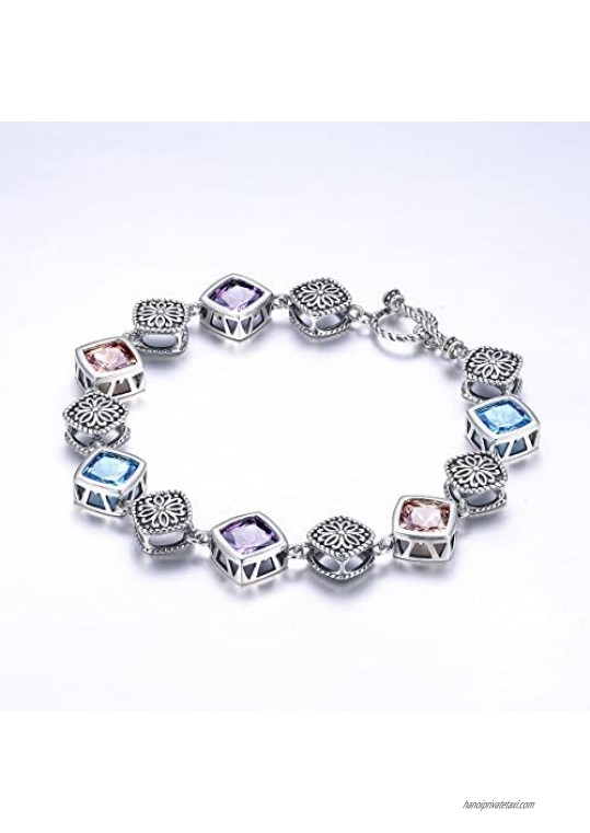 Merthus Boho Bracelet 925 Sterling Silver Created Gemstone Link Bracelet for Women Vintage Jewelry