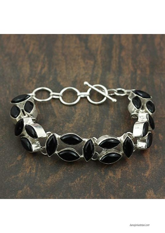 Natural Black Onyx Bracelet for Women Mom Wife 925 Silver Overlay Handmade Vintage Bohemian Style Jewelry