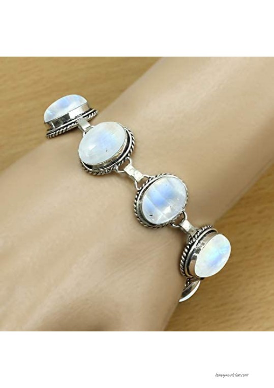 Natural Moonstone Bracelet For Women Mom Wife 925 Silver Overlay Handmade Vintage Bohemian Style Jewelry