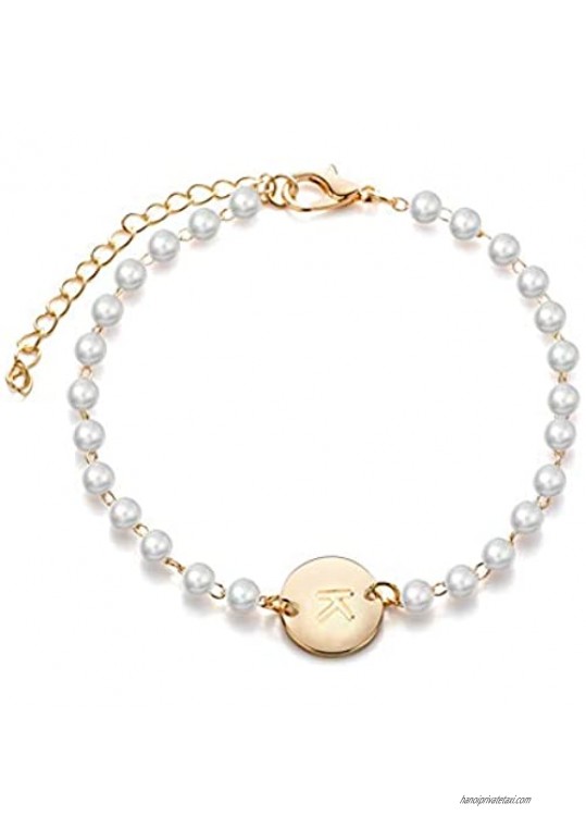 Pearl Initial Letter Charm Bracelets White Pearl Beads Beaded Letter Bracelets Geometric Circle Round Disc Coin Bracelet Anklet for Women Girl Fashion
