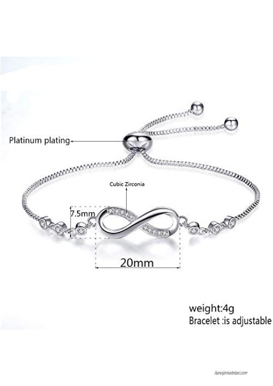 Platinum Plated 925 Sterling Silver Infinity Endless Love Lucky 8 Symbol Charm Adjustable Bracelets Jewellery For Women Girls