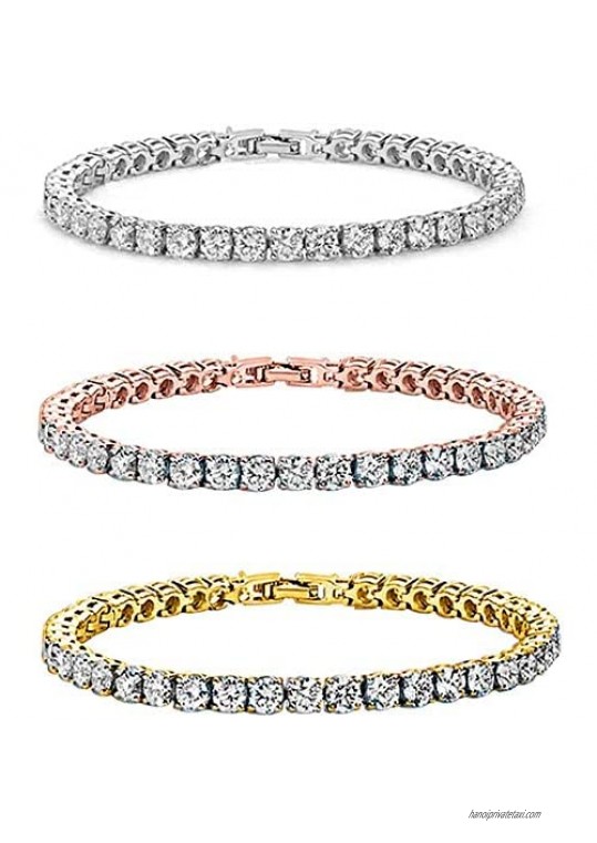 Savlano 14K Gold Plated Cubic Zirconia Round 4MM Classic Tennis 7.5 in Bracelet For Women (3 Pack Tri-Color Set)