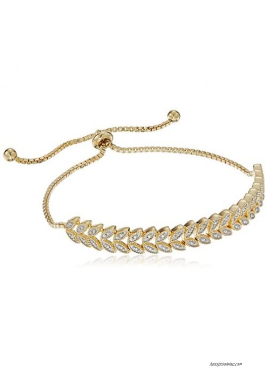 Sterling Silver Diamond Accent Leaf-Shaped Adjustable Bolo Bracelet with Yellow Gold Overlay