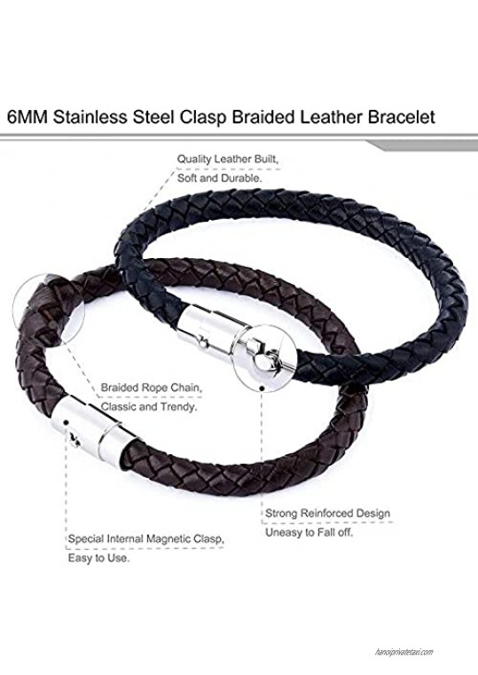 2 Pcs Unisex Black and Brown Handmade Single Wrap Braided Genuine Leather Bracelet with Stainless Steel Locking Clasp