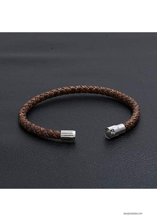 2 Pcs Unisex Black and Brown Handmade Single Wrap Braided Genuine Leather Bracelet with Stainless Steel Locking Clasp