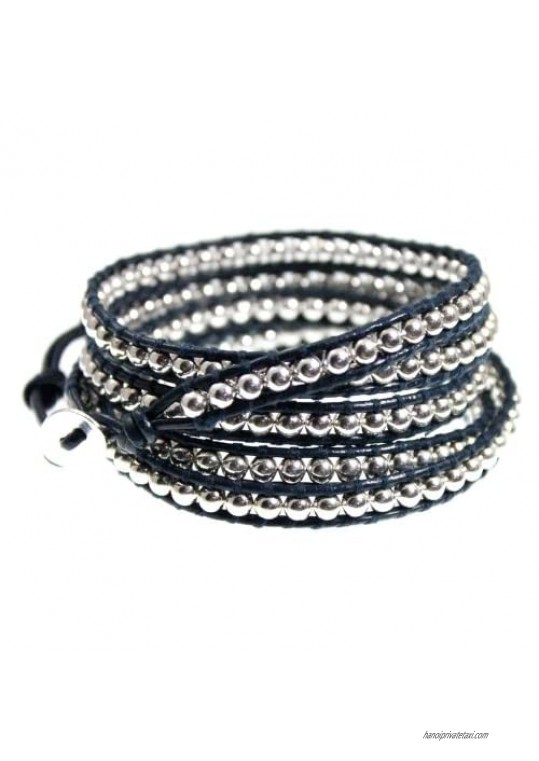 39 Indigo Midnight Blue Leather Silvertone Bead Adjustable Cuff 5x Wrap Bracelet