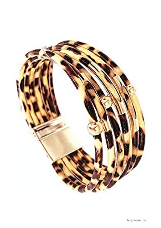 4 Set Multilayer Wrap Leopard Print Bracelet Gold Plated Multiple Wristband Stackable Leopard Print Leather Beaded Elbow Magnet Clasp Charm Bracelet for Women Teen Girls Jewelry-1-A