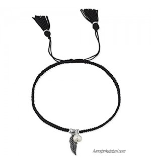 925 Sterling Silver Feather Charm w/Cultured Freshwater Pearl Bead Black Tassel Wrap Bracelet  7-9"