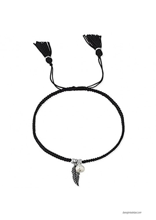 925 Sterling Silver Feather Charm w/Cultured Freshwater Pearl Bead Black Tassel Wrap Bracelet  7-9"