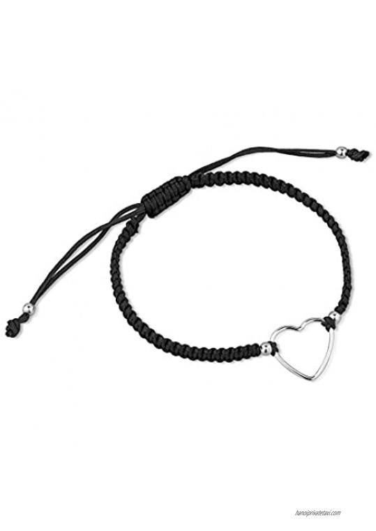 925 Sterling Silver Thin Line Open Heart Love Charm Black Polyester Drawstring Wrap Bracelet  6-9"