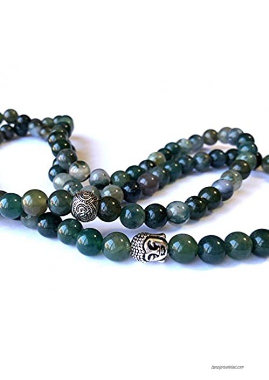 Agar Creations - Mens Womens 108 Bead Moss Agate 8mm Mala Bracelet - Meditation Beads Yoga Bracelet