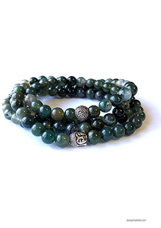 Agar Creations - Mens Womens 108 Bead Moss Agate 8mm Mala Bracelet - Meditation Beads Yoga Bracelet
