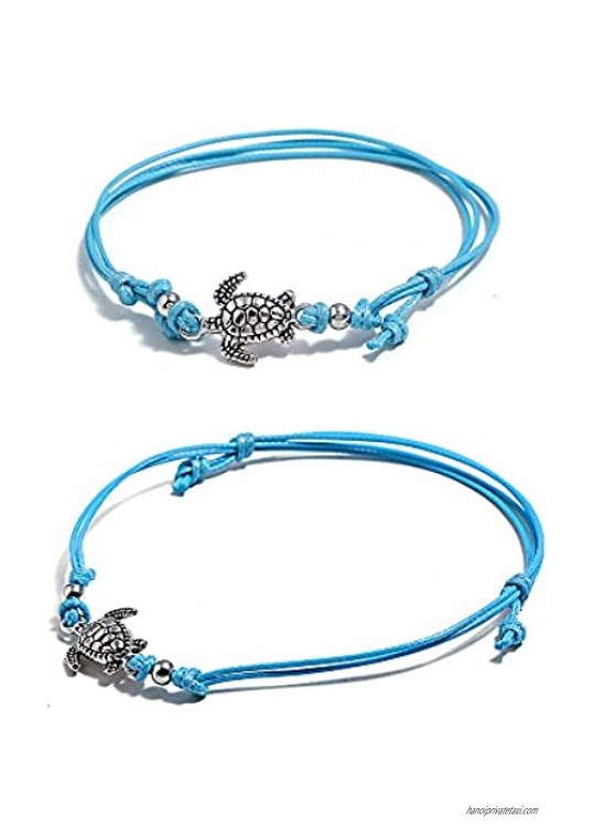 AMOR SPES 3pcs Boho Silver Lucky Tortoise Cuff Rope Wrap Handmade Multilayer Bracelets for Women Men Tribal Wristbands Set Adjustable