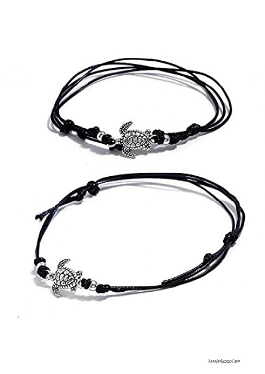 AMOR SPES 3pcs Boho Silver Lucky Tortoise Cuff Rope Wrap Handmade Multilayer Bracelets for Women Men Tribal Wristbands Set Adjustable