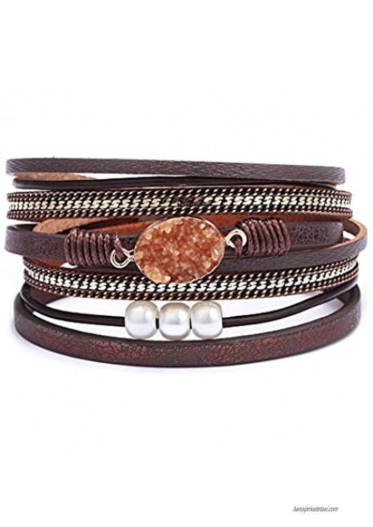 AZORA Womens Leather Wrap Bracelet Handmade Pearls Beads Cuff Bangle Bracelets for Women Girls (druzy Stone)