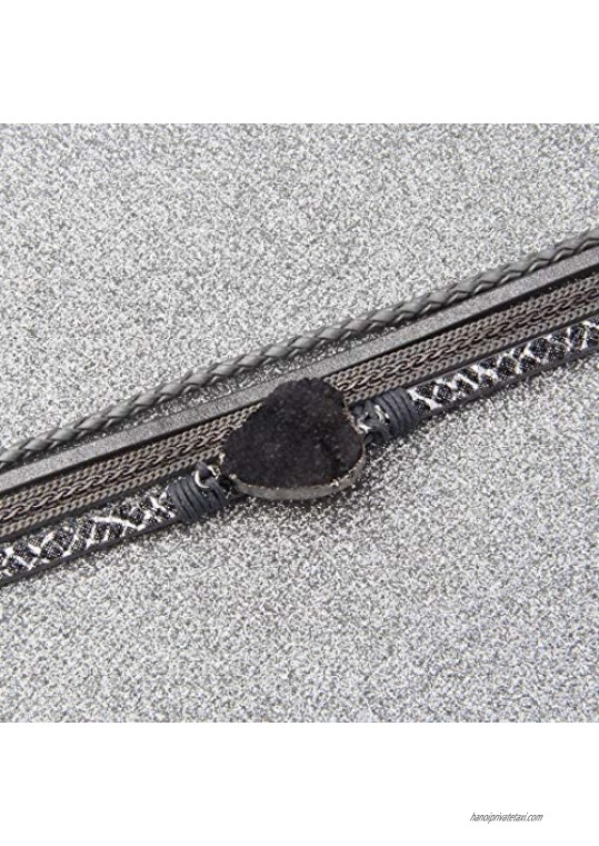 bobauna Multi-Layer Leather Wrap Bracelet Natural Stone Druzy Multi Rope Cuff Bangle Magnetic Clasp Handmade Jewelry Women Girl