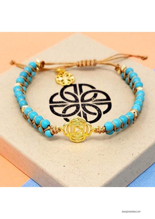 Chakra Bracelet Turquoise Bead Nylon Rope Double Wrap Bracelet for Women Beaded Bracelet Look with Gold Power Chakra Charm Energy Bracelet Adjustable 6.5-8.5