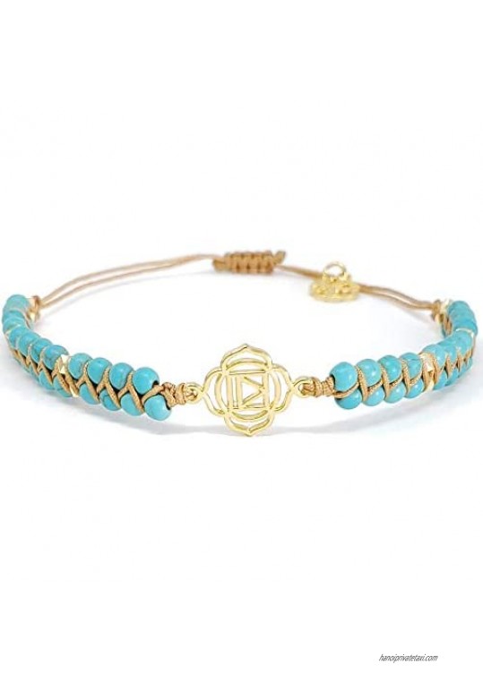 Chakra Bracelet Turquoise Bead Nylon Rope Double Wrap Bracelet for Women Beaded Bracelet Look with Gold Power Chakra Charm  Energy Bracelet Adjustable 6.5"-8.5"