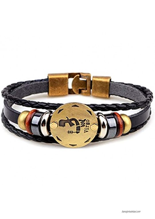 CLY Jewelry Multi-Layer Leather Braided Wrap Zodiac Bracelet 12 Constellation Bracelet Black Leather Clasp Wrap Bracelet Fashion Casual for Women Cool Style for Men