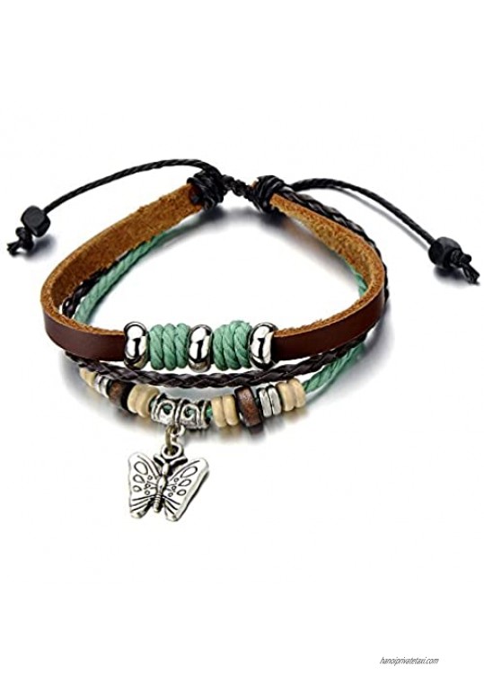 COOLSTEELANDBEYOND Butterfly Brown Leather Bracelet Wristband Wrap Bracelet for Women