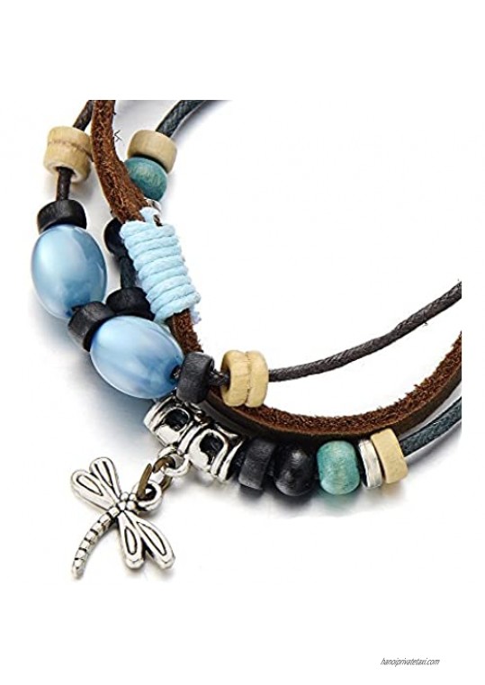 COOLSTEELANDBEYOND Multi-Strand Dragonfly Beads Charms Bracelet for Women Tribal Leather Wristband Wrap Bracelet
