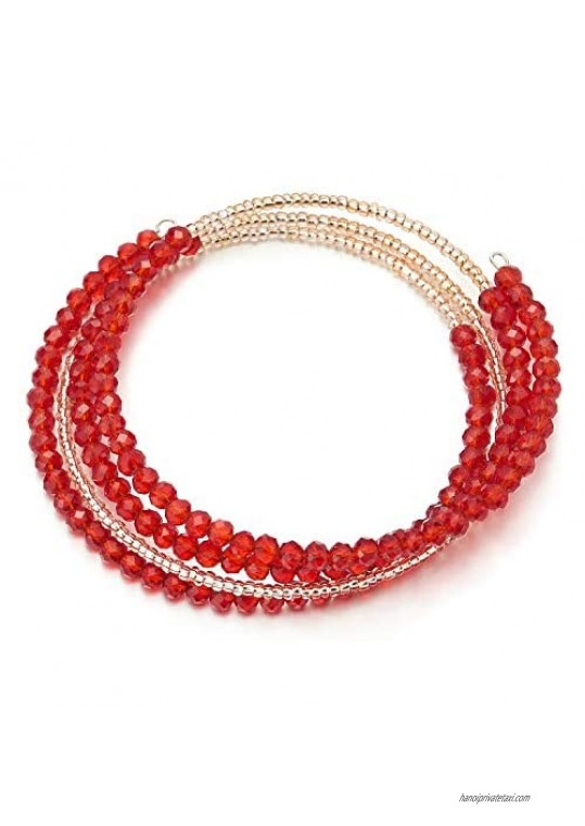 COOLSTEELANDBEYOND Multi-Wrap Stackable Beaded Wire Bracelets with Champagne Gold Beads with Red Crystal