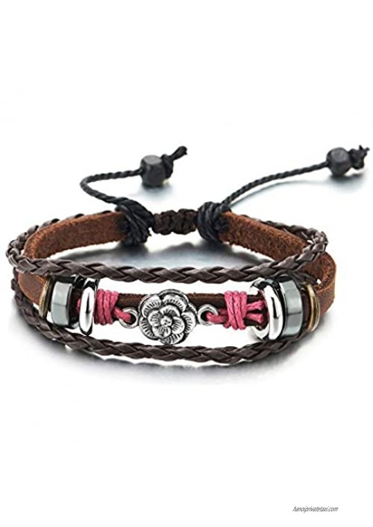 COOLSTEELANDBEYOND Women Tribal Vintage Flower Circle Charms Three-Strand Brown Leather Wristband Wrap Bracelet