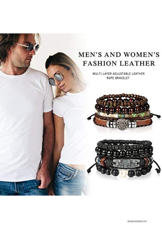 Cupimatch 8 Pcs Wrap Leather Wristbands Bracelets Wood Beads Bracelets for Men Women Adjustable7-11