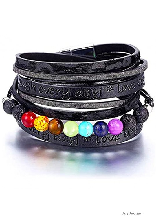 EGOO&YAMEE Wrap Leather Bracelet Multi-Layer Natural Stone Rhinestone Crystal Braided Cuff Bohemia Boho Braided with Magnetic Buckle Vintage Bracelet Gifts for Women and Girls