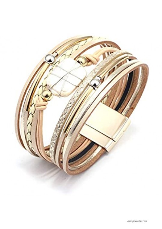 ETHOON Women Leather Wrap Bracelet Multi-Layer Handmade Wristband Braided Rope Cuff Bangle with Magnetic Buckle Jewelry