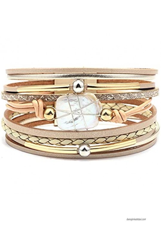 ETHOON Women Leather Wrap Bracelet Multi-Layer Handmade Wristband Braided Rope Cuff Bangle with Magnetic Buckle Jewelry