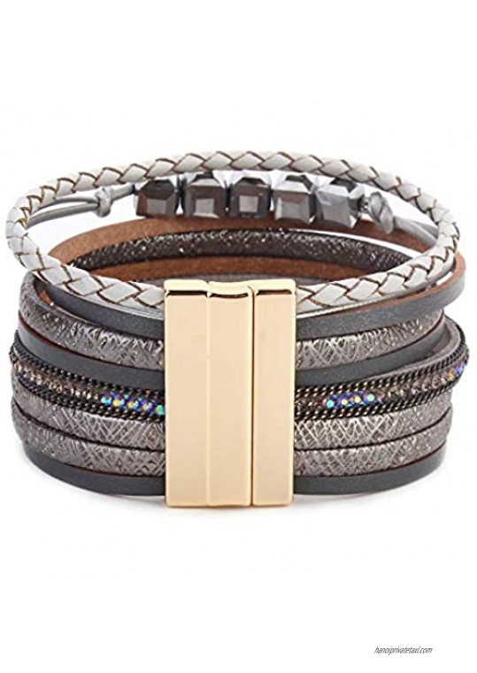 FANCY SHINY Boho Leather Wrap Bracelet Crystal Leaf Cuff Bracelets Bohemian Jewelry with Magnetic Clasp 7.5