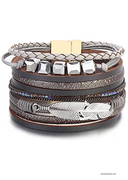 FANCY SHINY Boho Leather Wrap Bracelet Crystal Leaf Cuff Bracelets Bohemian Jewelry with Magnetic Clasp 7.5"