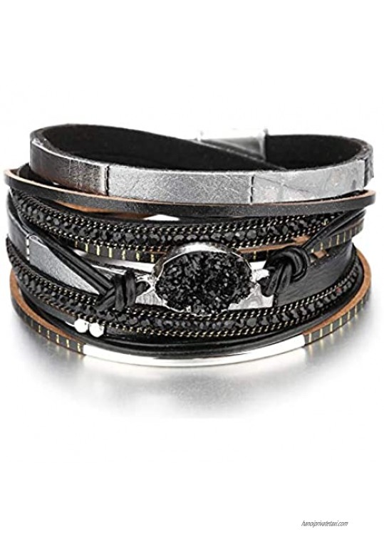 Fuqimanman2020 Bohemian Layered Leather Wrap Bracelet Magnetic Clasp Oval Crystal Bead Cuff Bracelet for Women Girls Jewelry