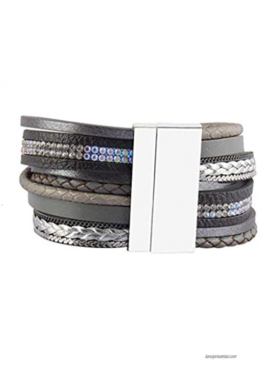 GelConnie Agate Leather Cuff Bracelet Multi Strand Boho Bracelet Casual Magnetic Wrap Bracelet Handmade Jewelry for Women Wife LPB294-grey