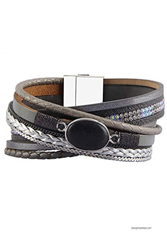 GelConnie Agate Leather Cuff Bracelet Multi Strand Boho Bracelet Casual Magnetic Wrap Bracelet Handmade Jewelry for Women  Wife LPB294-grey