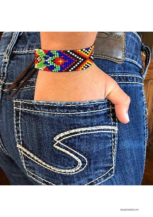 Handmade Bracelet Stacking Bracelets Beaded for Women Western Rodeo Cowgirl Leather Shabby Chic Boho Look Aztec Tribal Handmade in Guatemala Black Blue White Red Orange Yellow and Green 1 Inch Wide Adjustable