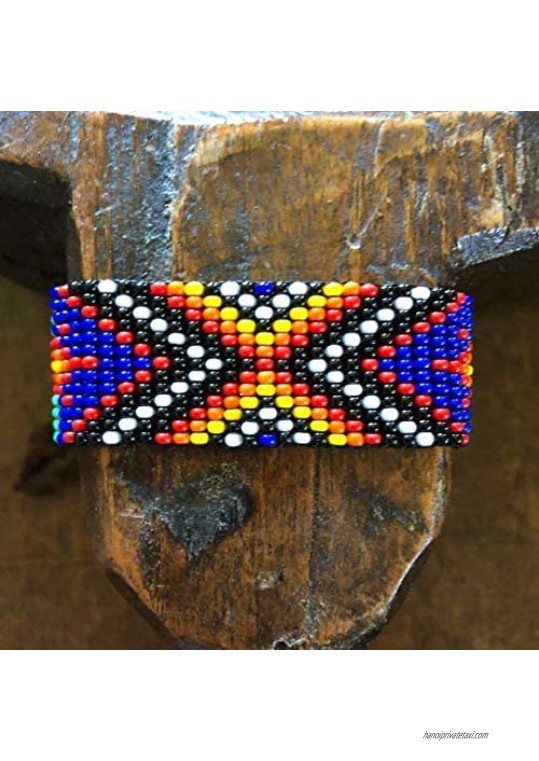 Handmade Bracelet Stacking Bracelets Beaded for Women Western Rodeo Cowgirl Leather Shabby Chic Boho Look Aztec Tribal Handmade in Guatemala Black Blue White Red Orange Yellow and Green 1 Inch Wide Adjustable